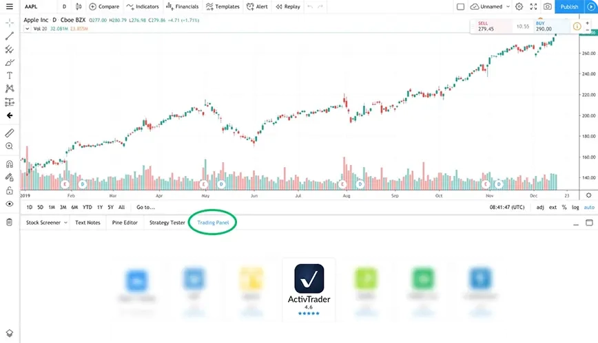 Melden Sie sich bei TradingView an. Klicken Sie in der "vollständigen Chartansicht" auf die Registerkarte "Trading-Panel" unten auf der Seite. Wählen Sie "ActivTrades" aus der Liste aus!