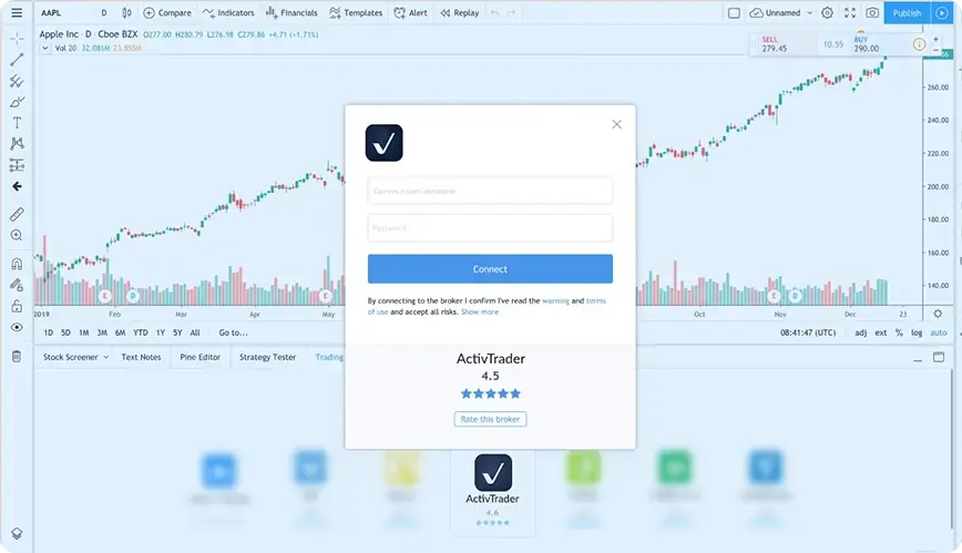 Verbinden Sie Ihre Konten. Wenn Sie in Ihrem ActivTrades-Konto eingeloggt sind, werden Sie aufgefordert, die Verbindung zu autorisieren. Sie haben nun ActivTrades mit TradingView verbunden!
